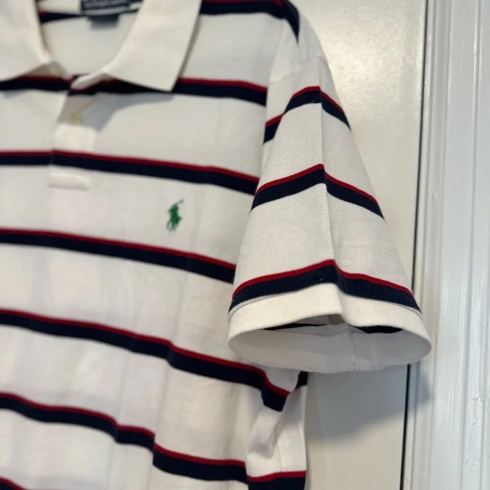 POLO RALPH LAUREN XXL Pique white/navy/red striped Cotton Polo Shirt